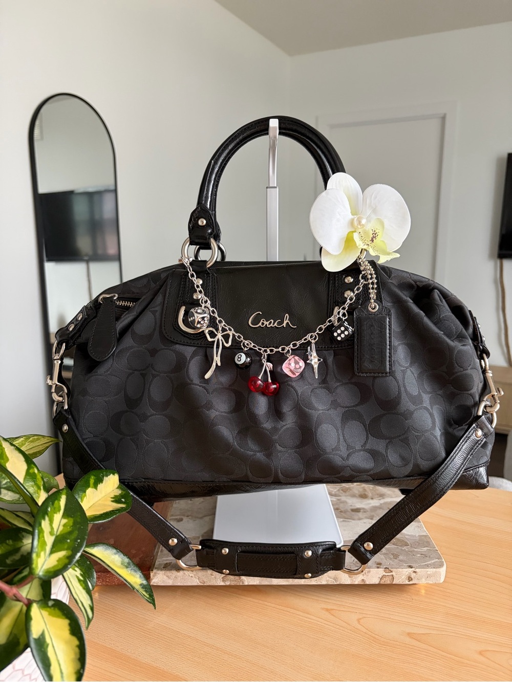 Coach Ashley Black Signature Bag with Detachable Strap